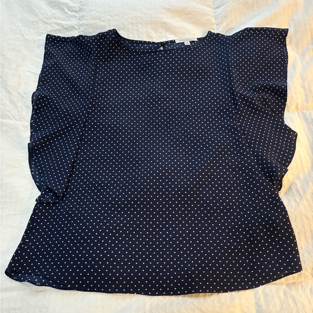 Green Envelope Navy Polka Dot Flutter Sleeve Blouse Medium